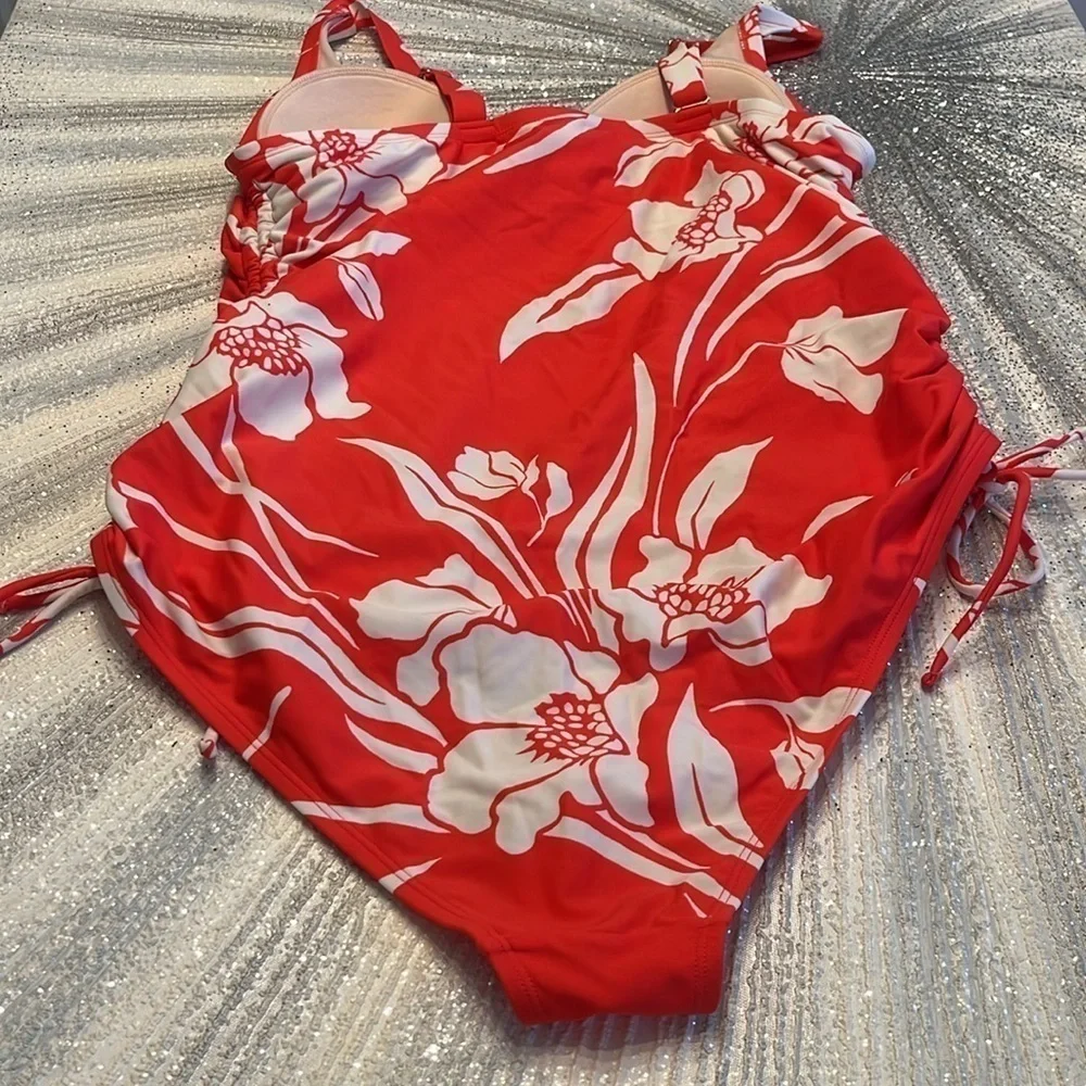 Kona Sol tropical floral one piece ruched side cinched full coverage size 18W